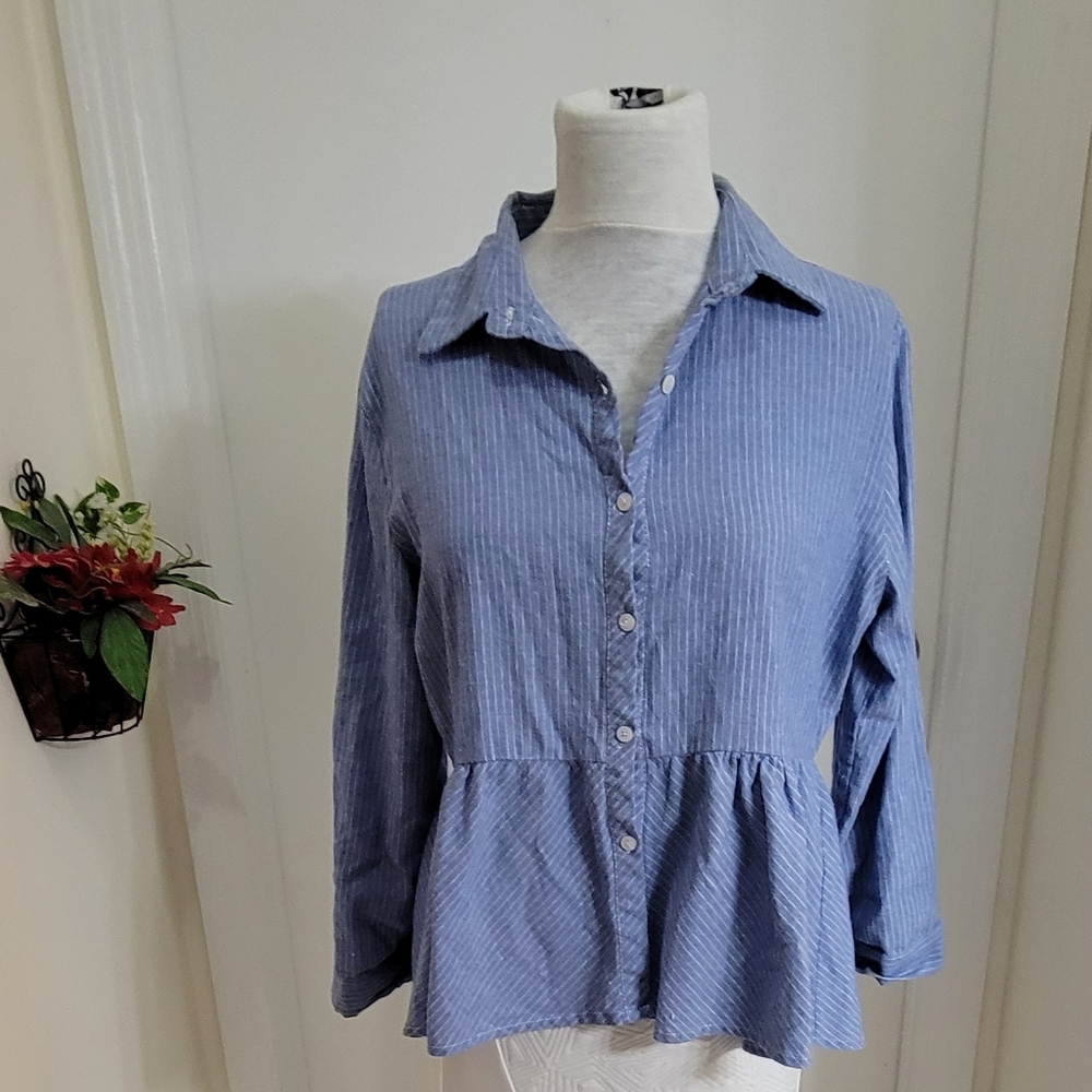 Love Notes Collared Stripes Button Down Peplum To… - image 3